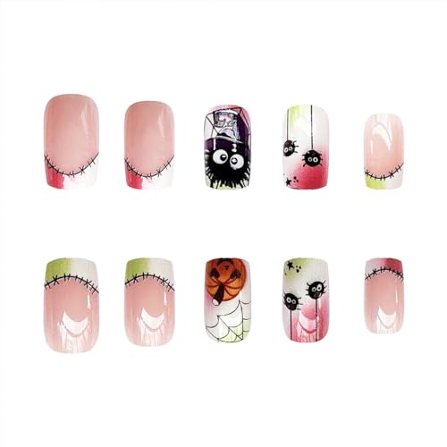 Medium Square Halloween Press on Nails Pink Green Gradient Pumpkin Design 24 Pcs - Image 4