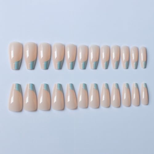 French Tip Press on Nails Medium Coffin Fake Nails Green Blue Glue on Nails Swirl False Nails with Design Acrylic Nails Full Cover Glossy Stick on Nails Artificial Nails for Women Girls - Image 3