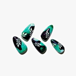 Short GLAMERMAID Press on Nails, Black and Green Medium Almond Short Oval Glue on Nails, Fake Nails Acrylic False Nails Stick on Nails Sets Kits for Women Girls Gift Botanical Beauty