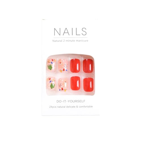 24 Pcs Christmas Nails Extra Short Press on Nails Square Nails Christmas Fake Nails Cute Colored Lights & Christmas Hat Designs Red False Nails Xmas Stick on Nails for Women Girls DIY Manicure - Image 5