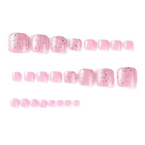 Pink Glitter Press on Toenails for Women Short Square Glossy Cute Fake Toe Nails with Design Acrylic False Artificial Glue on Toenails Summer Stick on Toe Nails for Women 24Pcs in 12 Sizes - Image 2