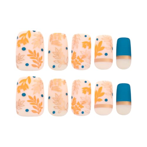 Gold Leaf Press on Nails Autumn Short Acrylic Square Fake Nail, Blue Full Cover False Nails Matte Stick on Nails for Women Girls Manicure Decorations 24Pcs - Image 4