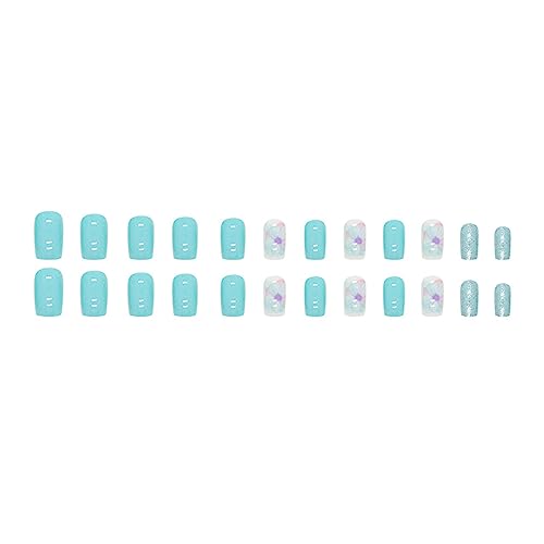 24Pcs Press on Nails Square Fake Nails Flower False Nails With Design Acrylic Glue on Nails Medium Length Blue Stick on Nails for Women and Girls - Image 2