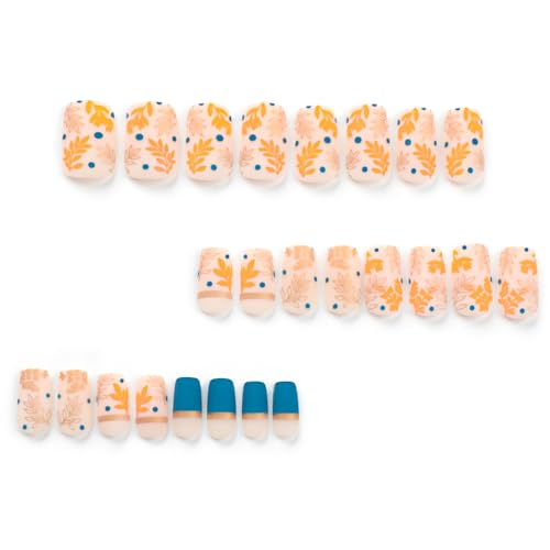 Gold Leaf Press on Nails Autumn Short Acrylic Square Fake Nail, Blue Full Cover False Nails Matte Stick on Nails for Women Girls Manicure Decorations 24Pcs - Image 5