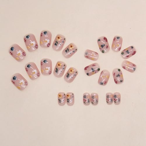24 Piece Short Square Spring Nude Pink Press On Nails with Flower Design Manicure Set - Image 4