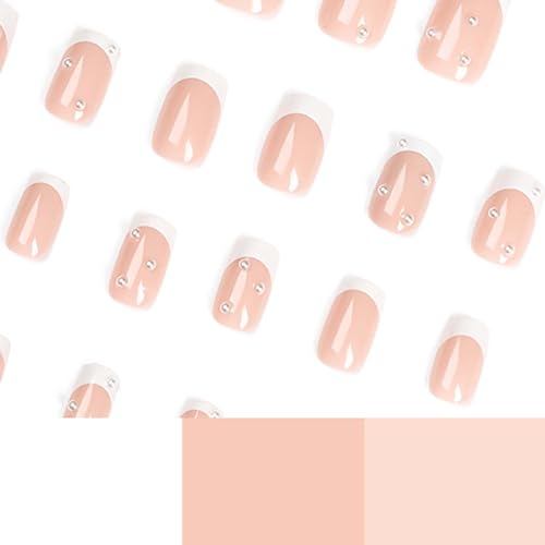 French Tip Press on Nails Short Coffin Acrylic Fake Nails,White French Nails Press ons with Pearl for Women, Girls 24pc White Nails Gel Stick on Nails - Image 2