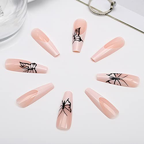 Long Square Coffin Press on Nails Glossy Pink Butterfly Fake Nails Designed Full Cover Ballerina French Nails Tips Punk Acrylic Artificial False Nails Sets for Women and Girls 24Pcs (A) - Image 3