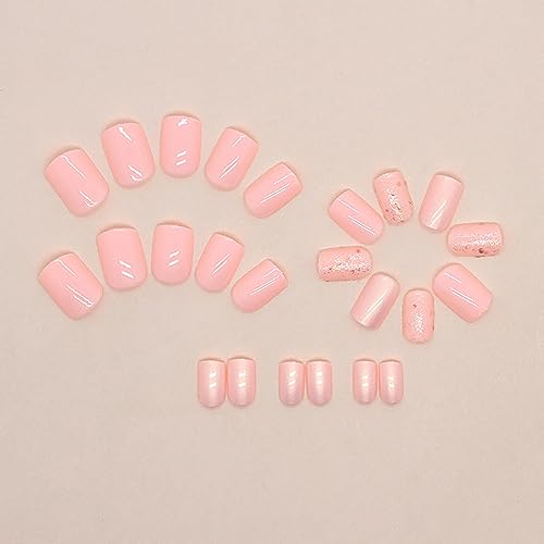 Press on Nails Short Square Fake Nails Acrylic Glue on Nails Pink False Nails with Glitter Designs Acrylic Artificial Glossy Nails Full Cover Stick on Nails for Women 24Pcs - Image 4
