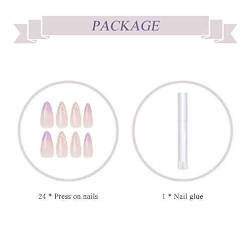 BABALAL Almond Press on Nails Medium Fake Nails Purple Glue on Nails 24pcs Stiletto Acrylic Nails Flower Stick on False Nails - Image 4