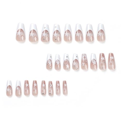 Y2K Press on Nails Long Coffin MABKJLF French Tip Fake Nails Nude Full Cover White Star False Nails with Designs Gradient Acrylic Nails Rhinestone Glossy Glue on Nails for Women Girls 24Pcs - Image 6