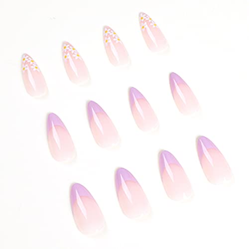 BABALAL Almond Press on Nails Medium Fake Nails Purple Glue on Nails 24pcs Stiletto Acrylic Nails Flower Stick on False Nails - Image 2