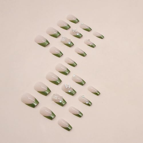 BABALAL Coffin Press on Nails Medium Fake Nails Green Chrome French Tip Glue on Nails St Patrick's Day Acrylic Nails 24Pcs 3D Butterfly Rhinestone Ballerina Artificial False Nails for Women and Girls - Image 4
