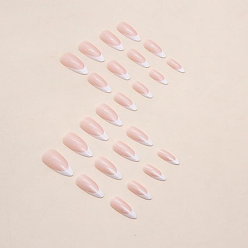 French Tip Almond Press on Nails Medium Fake Nails with Chrome Designs Stick on Nails Glossy Nude False Nails Mirror Glue on Acrylic Nails for Women Girls Summer Holiday DIY Manicure24PCS - Image 3