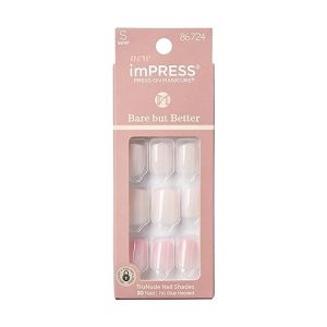 KISS imPRESS Short Nude Squoval Press On Nails, 30 Count, No Glue Needed