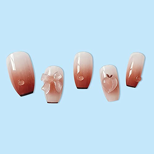 Press Bow Knot Press on Nails Medium Peach Fake Nails Medium Glossy Stick on Nails Natural Full Cover Photochromism False Nails Acrylic Glue on Nails Tips for Women(Pink Bow knot Peach) - Image 8