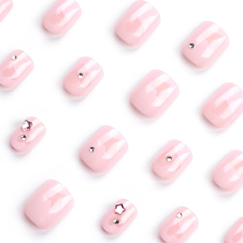 24 Pcs Valentine's Day Press on Nails, 3D Rhinestones Full Cover Acrylic Nails Glossy Pink Fake Nails with Love Heart Designs, Short Coffin Shape False Nails with Glue Stick on Artificial Fingernails - Image 2