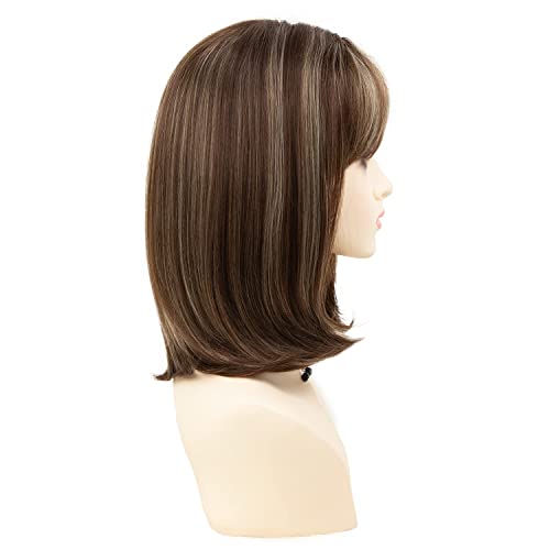 TISHINING 14 Inch Short Ombre Brown and Blonde Bob Wig with Bangs for Women - Image 5