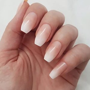 Sunjasmine Medium Pink White Gradient French Tip Coffin Press On Nails 24 Piece Set with Glue