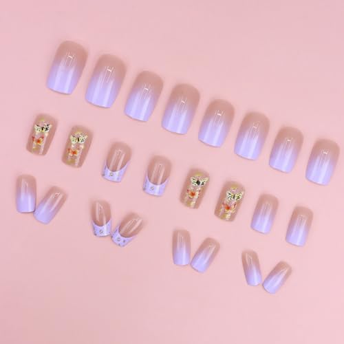 Medium Square French Tip Press on Nails - Purple Gradient with Gold Foil - 24 Piece Set - Image 3