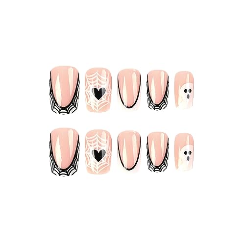 TailaiMei 48Pcs Halloween Press on Nails Short Square Fake Nails with Self-Adhesive Jelly Nail Glue Tabs, Ghost, Spider Web Artificial Nails Acrylic Full Cover Nail False Fingernails for Women (White) - Image 4