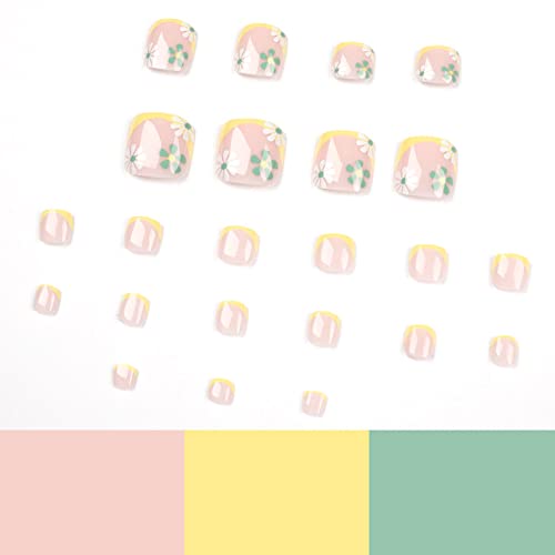 24 Pcs Short Square Yellow French Tip Toenails with Floral Design, Full Cover - Image 3