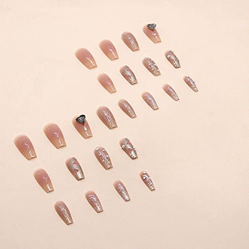 Press on Nails Square Medium Length, Coffin Shape Full Cover Reusable False Nails with Glue, Stick on Nails with Love Heart Rhinestone Designs, Artificial Acrylic Fake Nails for Women, Glue on Nails - Image 4