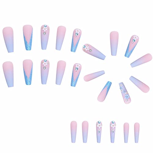 MISUD 24 pcs Long Ballerina Blue Gradient Matte Acrylic Press on Nails with Rhinestones - Image 2