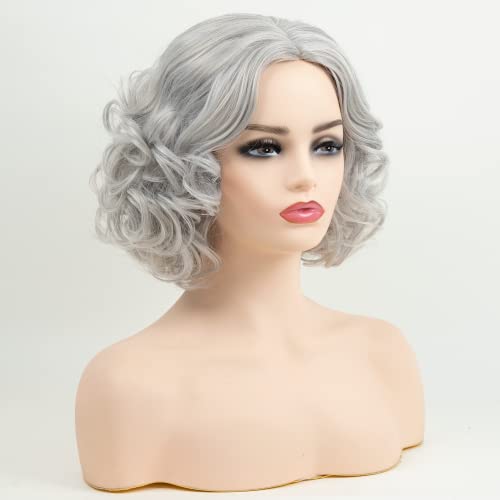 RENERSHOW Mixed Grey Short Wavy Wigs for White Women Medium Length Gray Curly Wig Heat Synthetic Natural Looking Wig - Image 3