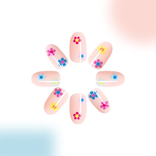 Spring Flowers Press on Nails Short Oval Glue on Nails with Colored Flowers Design Fake Nails Short False Nails Acrylic Nails Natural Full Cover Stick on Nail for Women Coffin Artificial Nails 24Pcs - Image 3