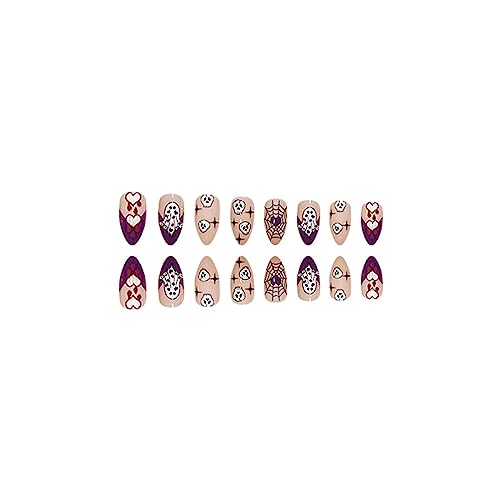 Purple Fake Nails Halloween Press on Nails Short Almond False Nails with Ghost Skull Spider Wed Heart Designs Cute Acrylic Fake Nails French Artificial Nails Full Cover Stick on Nails for Women 24Pcs - Image 3