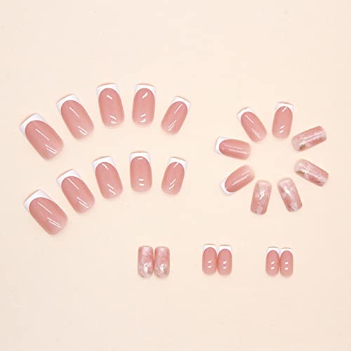 Press On Nails Long,Nude White Border Fake Nails ,Acrylic French Nail Art Marble Full Cover Stick On Nails for Women and Girl Nail Kit(24 PCS) - Image 4