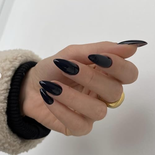 Black Press on Nails Almond Shape,KXAMELIE Glue on Nails Medium Acrylic Nails Press on with Solid Glossy Nude Color Design Fake Nails Set for Women Girls Daily Wear in 24PCS - Image 2