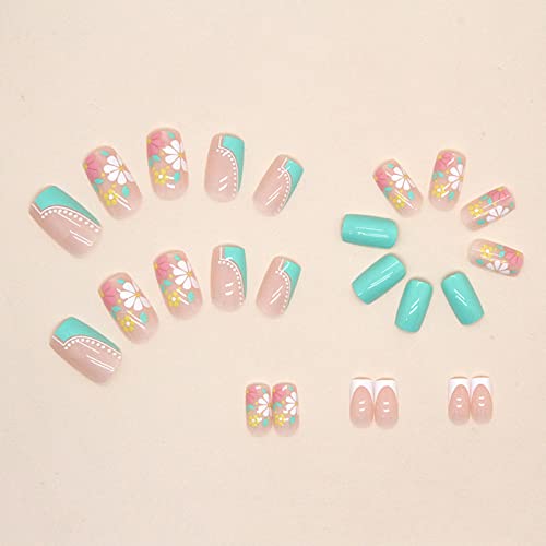 Medium Square French Tip Press-On Nails with Colorful Daisy Design, 24 Count - Image 2