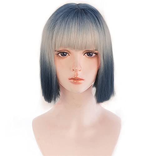 Short Blonde Blue Bob Wig with Bangs, Heat-Resistant Synthetic Hair, 12 Inch - Image 2