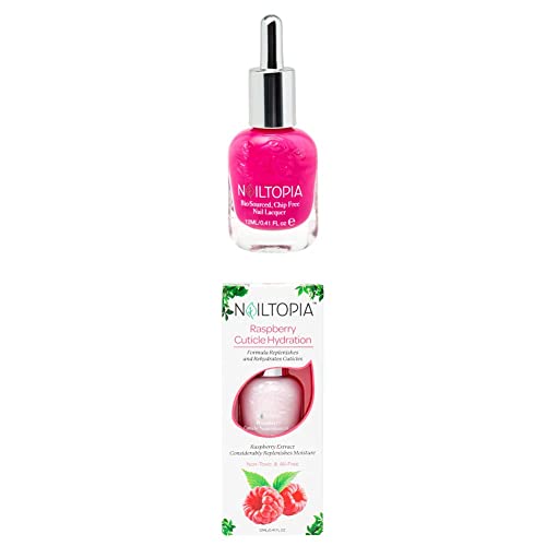 Nailtopia Polish and Cuticle Oil Set - Chip Free Nail Lacquer in Bird of Paradise and Raspberry Cuticle Hydration - Hot Pink Strengthening Polish - Energizing Raspberry Skin and Nail Oil - 2 pc