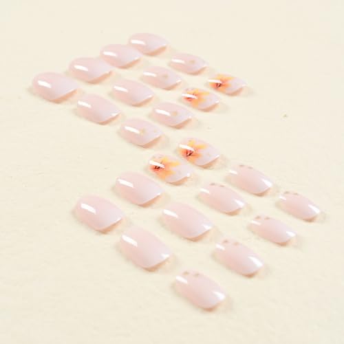 Fall Press on Nails Short Square Fake Nails with Maple Leaf Foil Designs French Gradient False Nails Cute Short Acrylic Press on Nails Glossy Nude Stick on Nails Reusable Artificial Nails for Women - Image 4