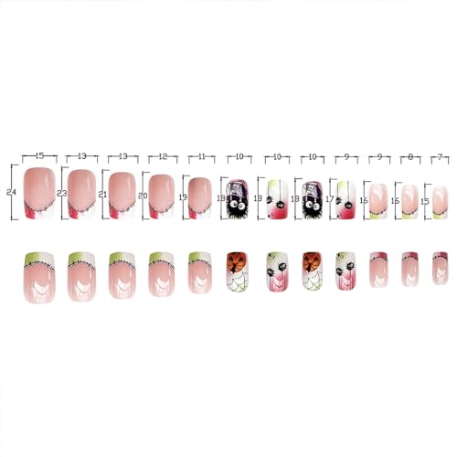 Medium Square Halloween Press on Nails Pink Green Gradient Pumpkin Design 24 Pcs - Image 7