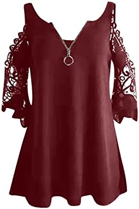 Women's Summer Tops 2024 3/4 Sleeve Lace Blouse Cold Shoulder Tunic Top Zipper V Neck Tee Tops Loose Casual T Shirts - Image 3