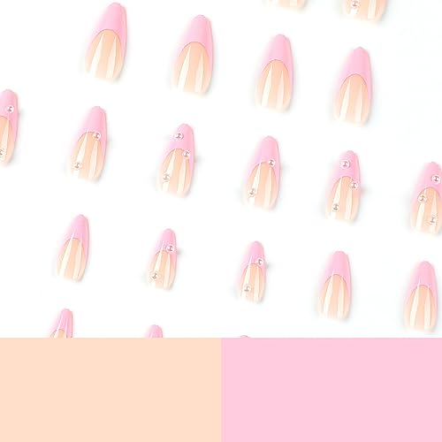 Almond Press on Nails Short White Nails Pearl Acrylic False Nails with Designs Cute Artificial Fake Nails Reusable Glue on Nails Pink Artificial Stick on Nails for Women Girls - Image 2