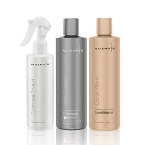 Moehair TRIO pack of Hair Guard Shampoo (12 Fl Oz), Color alive conditioner (12 Fl Oz) and Thermal Shield spray (8 Fl Oz) Anti-Hair Loss, Anti-Color Loss & Anti- Heat Damage Hair Care Set