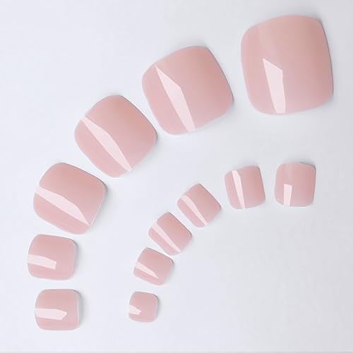 LuckForever Short Press on Toenails 240pc Glossy Nude Skin Press on Toenails Short Square Fake Toe nails Full Cover 10 Nail Adhesive Tabs,Small Wooden Sticks & Nail Files False Toenails for Women - Image 4