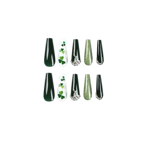 24 Pcs St. Patrick's Day Long Coffin Green Glitter Rhinestone Press on Nails - Image 4