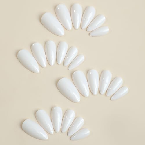 Almond Press on Nails Medium Length Fake Nails Pure White False Nails with Design Glossy Solid Color Glue on Nails Full Cover Acrylic Nails White Artificial Stick on Nails for Women Girls Manicure - Image 6