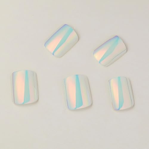 Short Square Press on Nails Solid White Color Fake Nails Acrylic Glossy French Nails with Cool Electroplating Chrome Designs Artificial Glue on False Nails DIY Stick on Nail for Women and Girls 24Pcs - Image 5