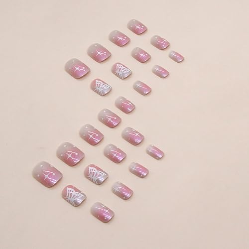 Vezocim Nude Press on Nails Square Short, 24Pcs Glossy Artificial Cute Fake Nails with Butterfly Designs, Full Cover Acrylic Coffin False Fingernails with Charm for Women Girls - Image 3