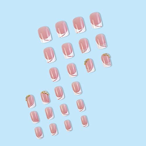 French Tip Fake Nails Short Square Press on Nails Cute Pink Glue on Nails with Rhinestones Designs Short French Acrylic Nails White Nail Tip Artificial Nails for Women Girls Nail Art Decorations - Image 2