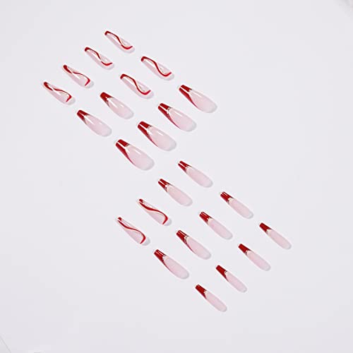 BABALAL Coffin Press on Nails Swirl Design Nails Long False Nails Glossy Fake Nails Red Acrylic Nails for Women and Girls - Image 3