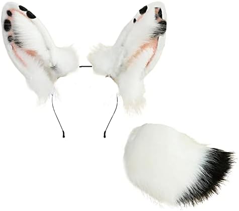 Handmade Rabbit Ears Cute Animal Ears Accessories Rabbit Ear Headband (M White Ear Tail)