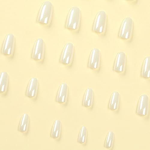 MISUD Press on Nails Medium Round Fake Nails Chrome Acrylic Nails Glossy Glue on Nails Bling White Aurora Oval Artificial Nails Pearl Flash False Nails with Laser Design 24 pcs - Image 5