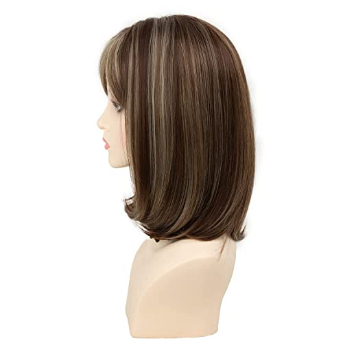 TISHINING 14 Inch Short Ombre Brown and Blonde Bob Wig with Bangs for Women - Image 4